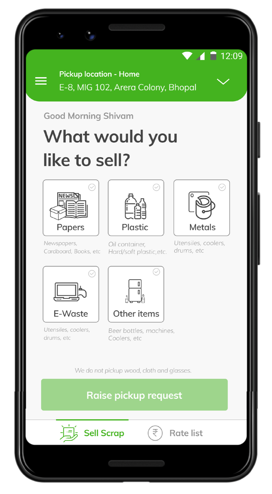 The Kabadiwala app home screen: choosing scrap categories to sell: papers, plastic, metals, e-waste