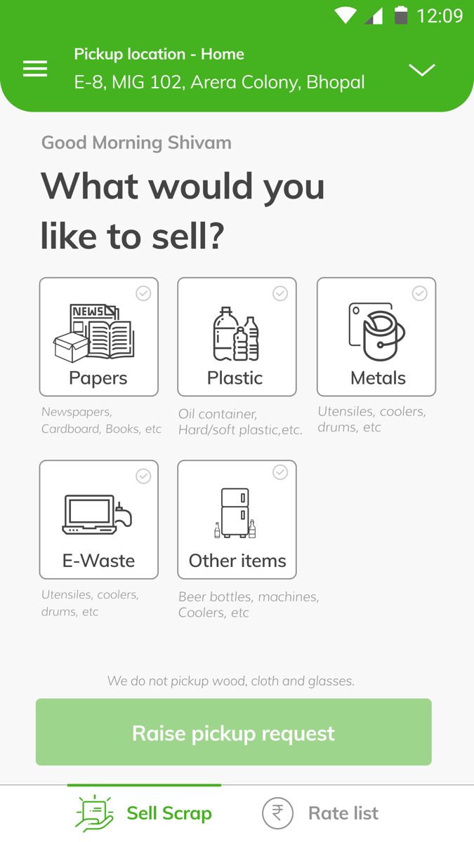 The sell-scrap landing flow of the Kabadiwala app