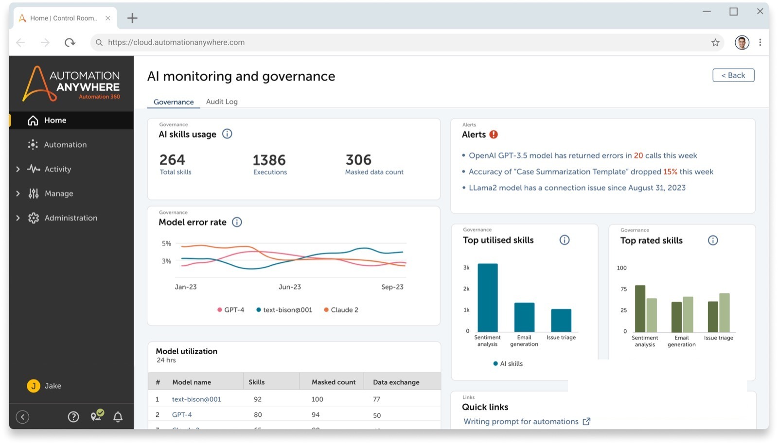 AI Studio monitoring view: AI skills in production with usage and quality signals