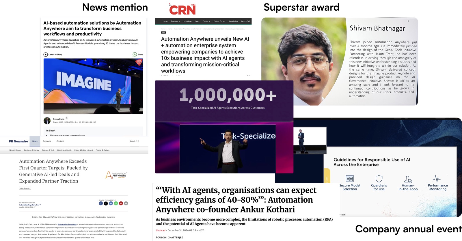Press coverage, the one-million executions keynote slide, responsible-AI guidelines, and a Superstar award note from Shivam's first quarter
