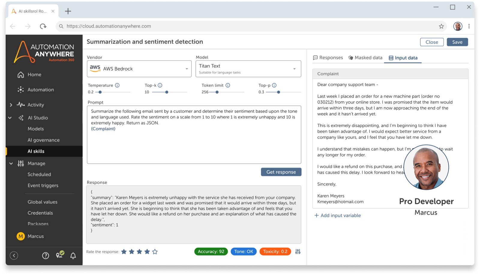 AI Studio in Automation Anywhere: building an AI skill with model settings, a prompt, and a rated response