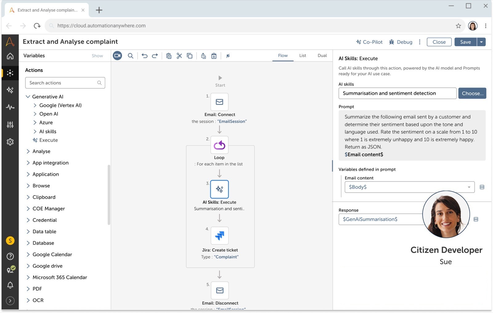 Using an AI skill inside the automation editor, mapped like any other action block