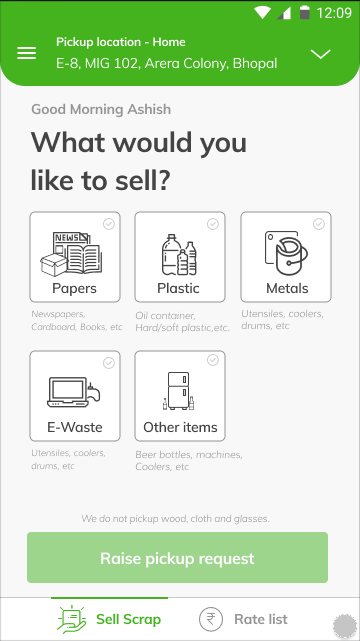 Animated walkthrough of choosing scrap categories in the Kabadiwala app